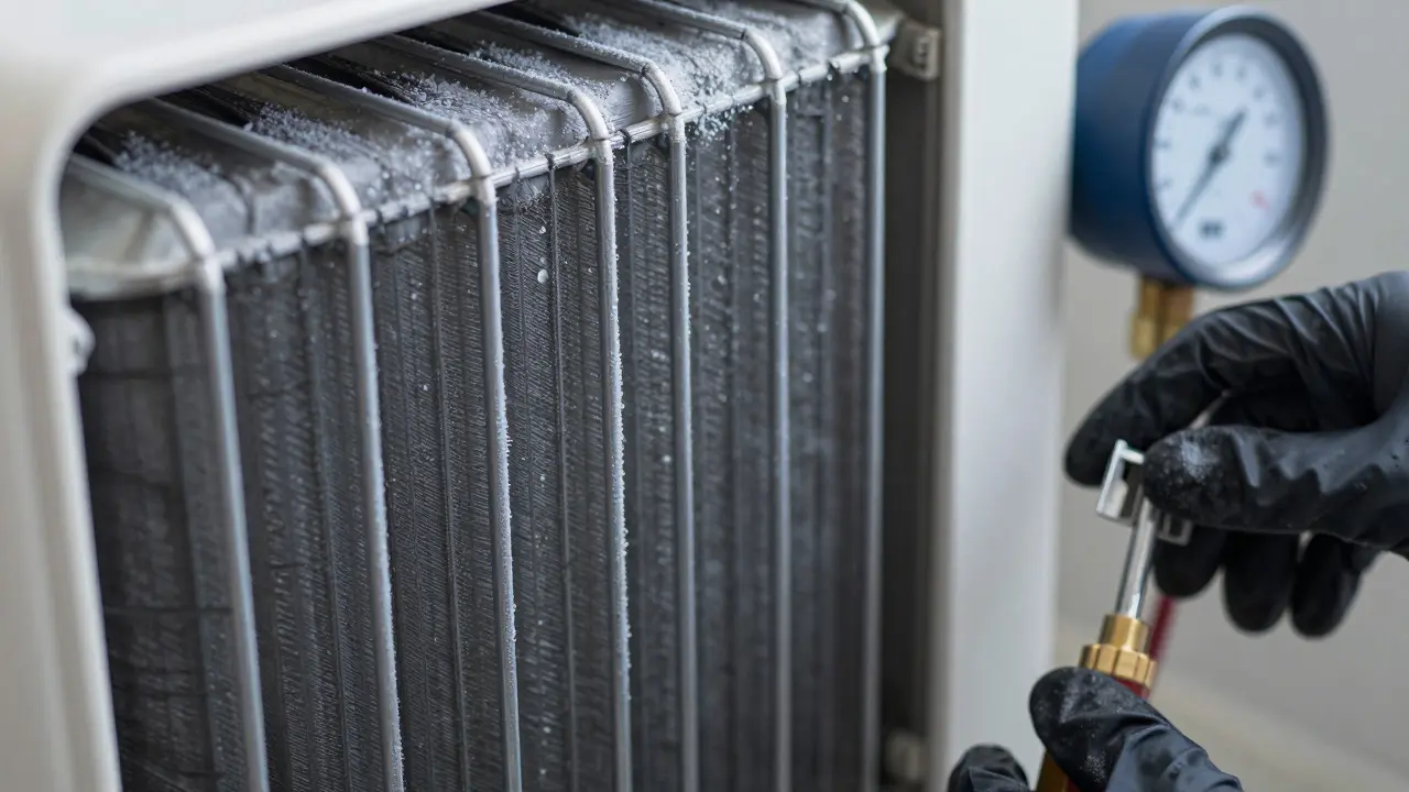 Nahaufnahme der verdampferlamellen eines entfeuchters bei kalten temperaturen.