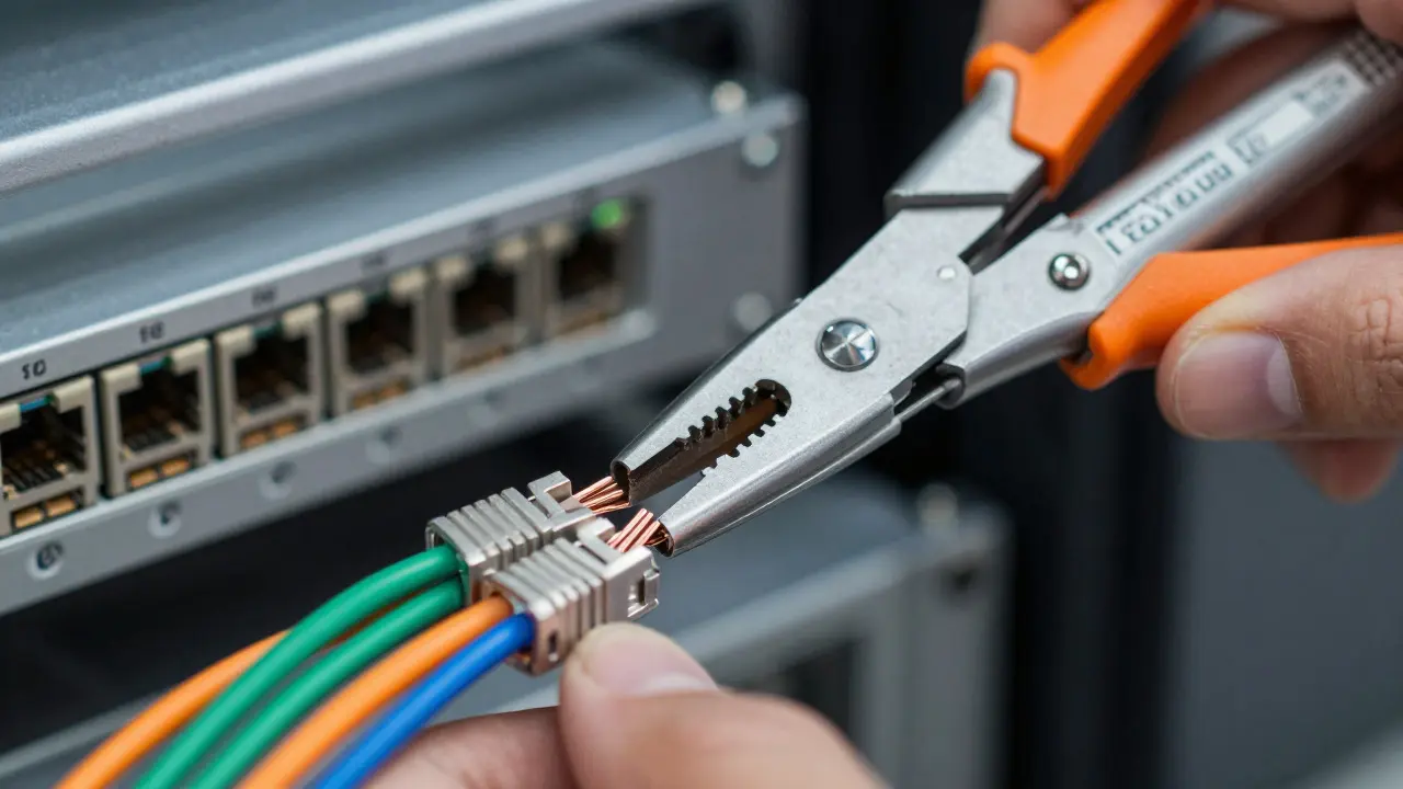 Nahaufnahme: Handwerkliches Verlegen von Cat 6A Kabeln im Patchpanel