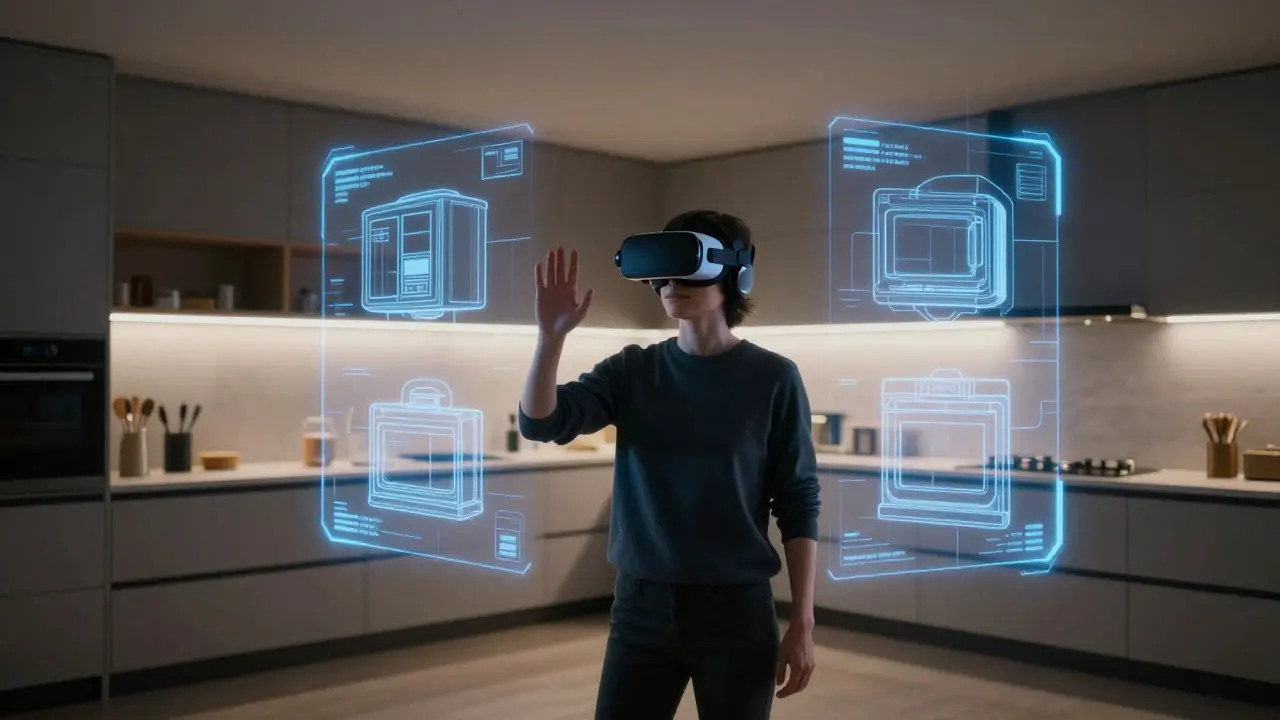 Person mit VR-Brille umgeben von holografischen Küchenplan-Projektionen