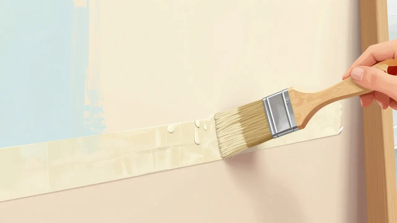 Pinsel versiegelt die Kante zwischen Tape und Wand mit Farbe