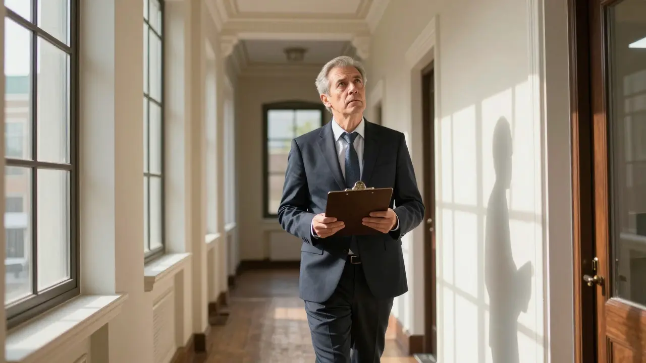 Professional appraiser inspecting architectural details in a sunlit apartment hallway