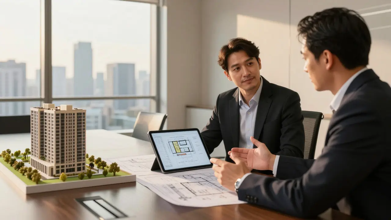Steuerberater und Investor besprechen Immobilienpläne am Tisch