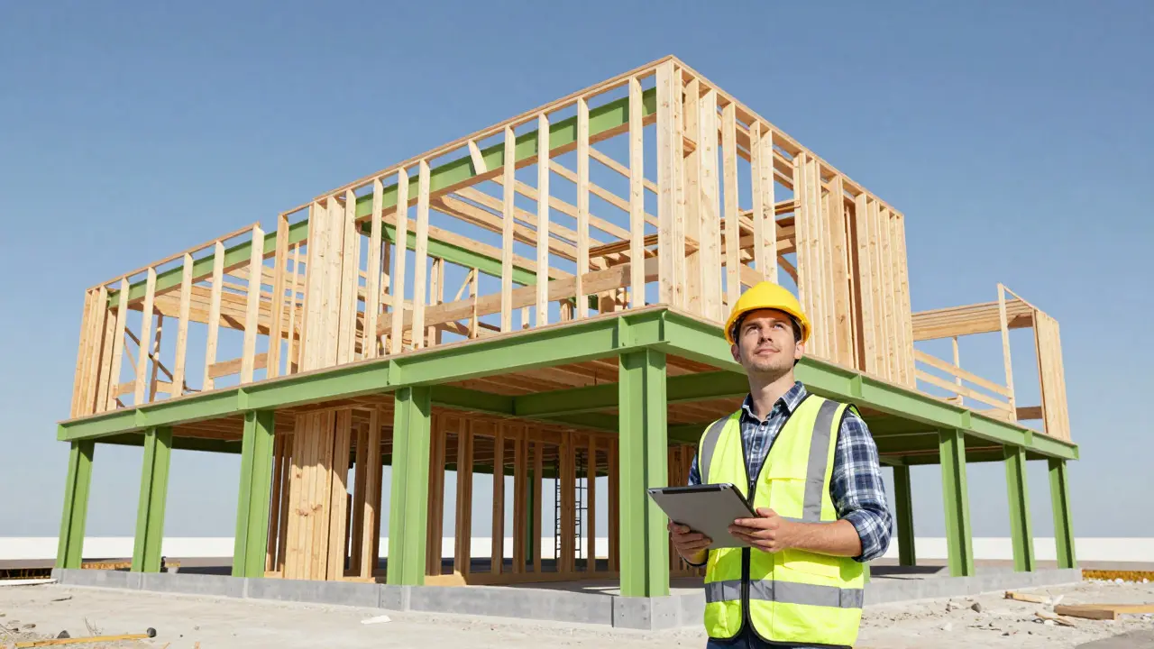 Sustainable building under construction with green steel and timber