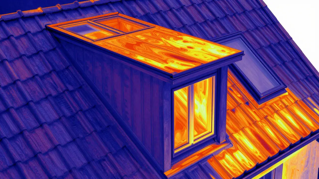 Thermal image showing heat loss around a dormer window on a roof