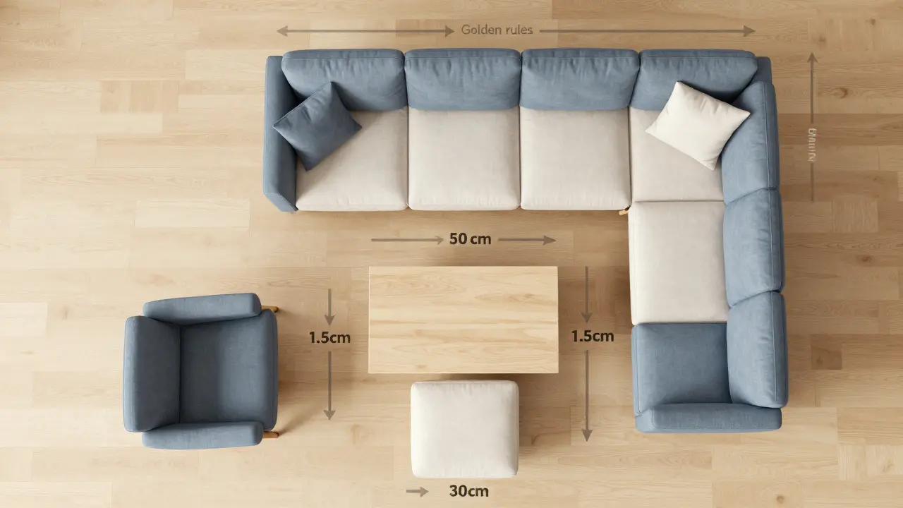 Top-down view of living room furniture layout showing ideal distances