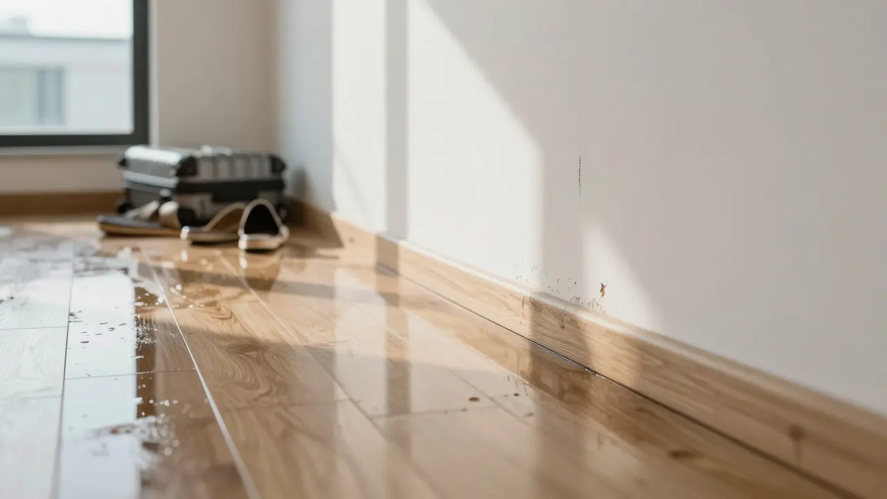 Water damage on a wooden floor inside an empty holiday apartment