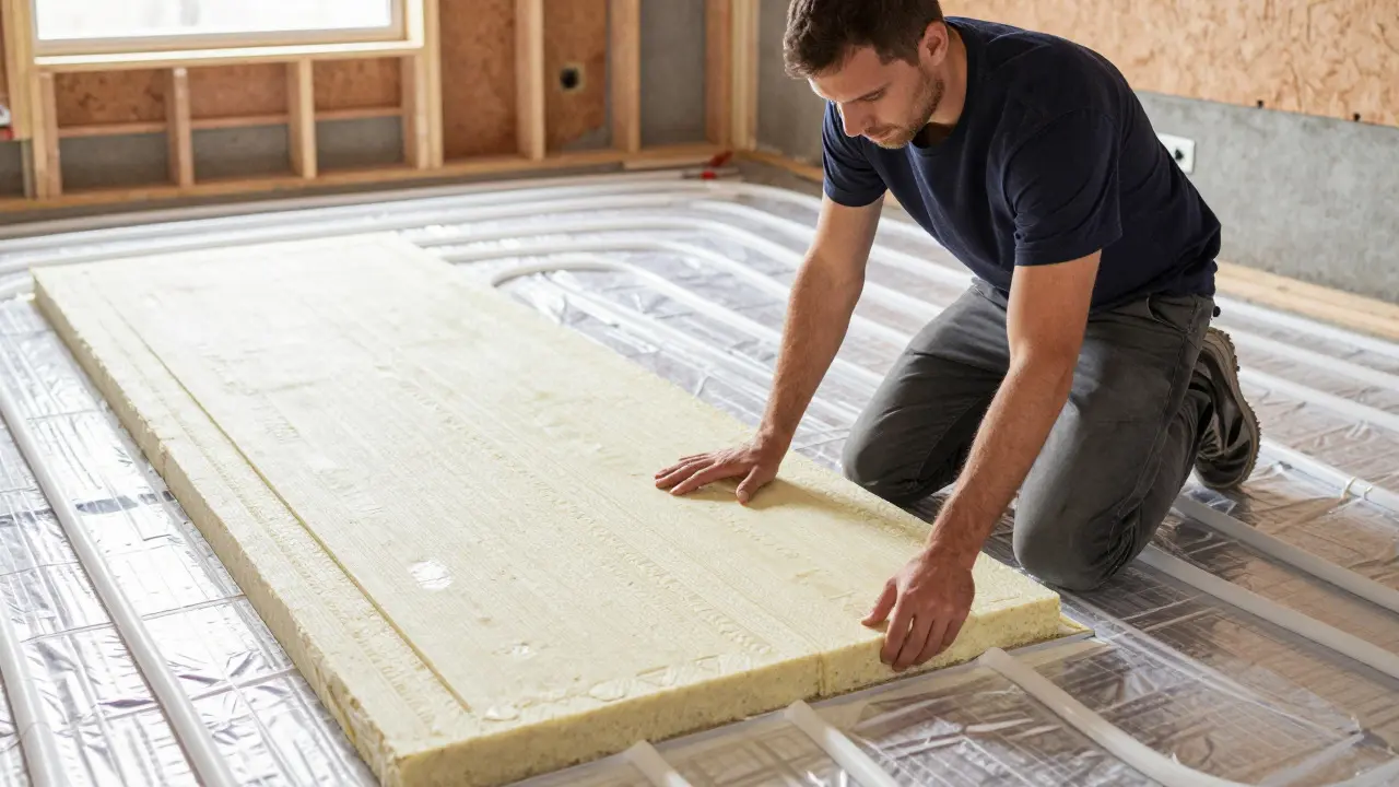 Worker installing lightweight dry underfloor heating panels in an old house