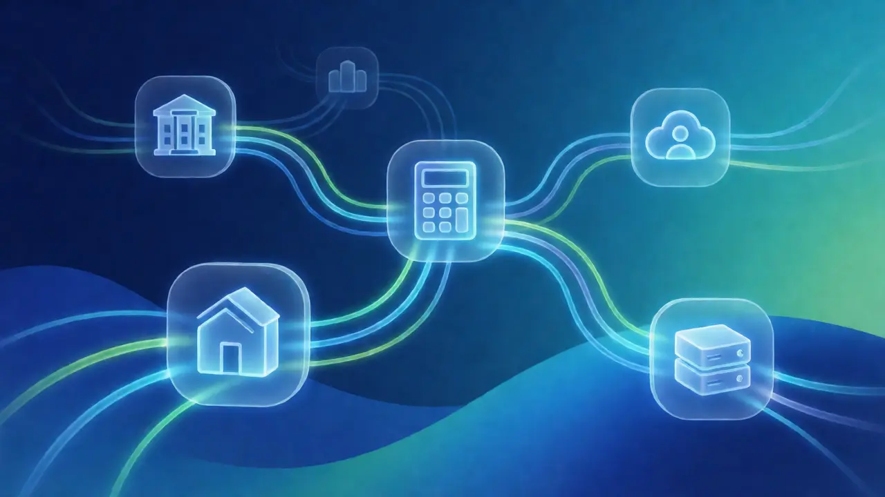 Abstrakte Darstellung von vernetzten Datenströmen zwischen Immobilien-Softwaresystemen.