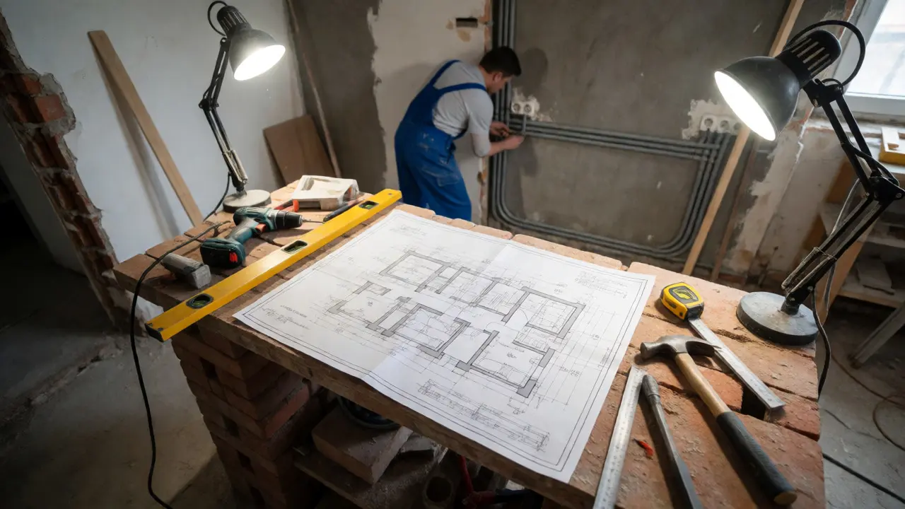 Bauplan auf provisorischem Werktisch umgeben von Werkzeugen bei Elektroinstallationen im Rohbau.