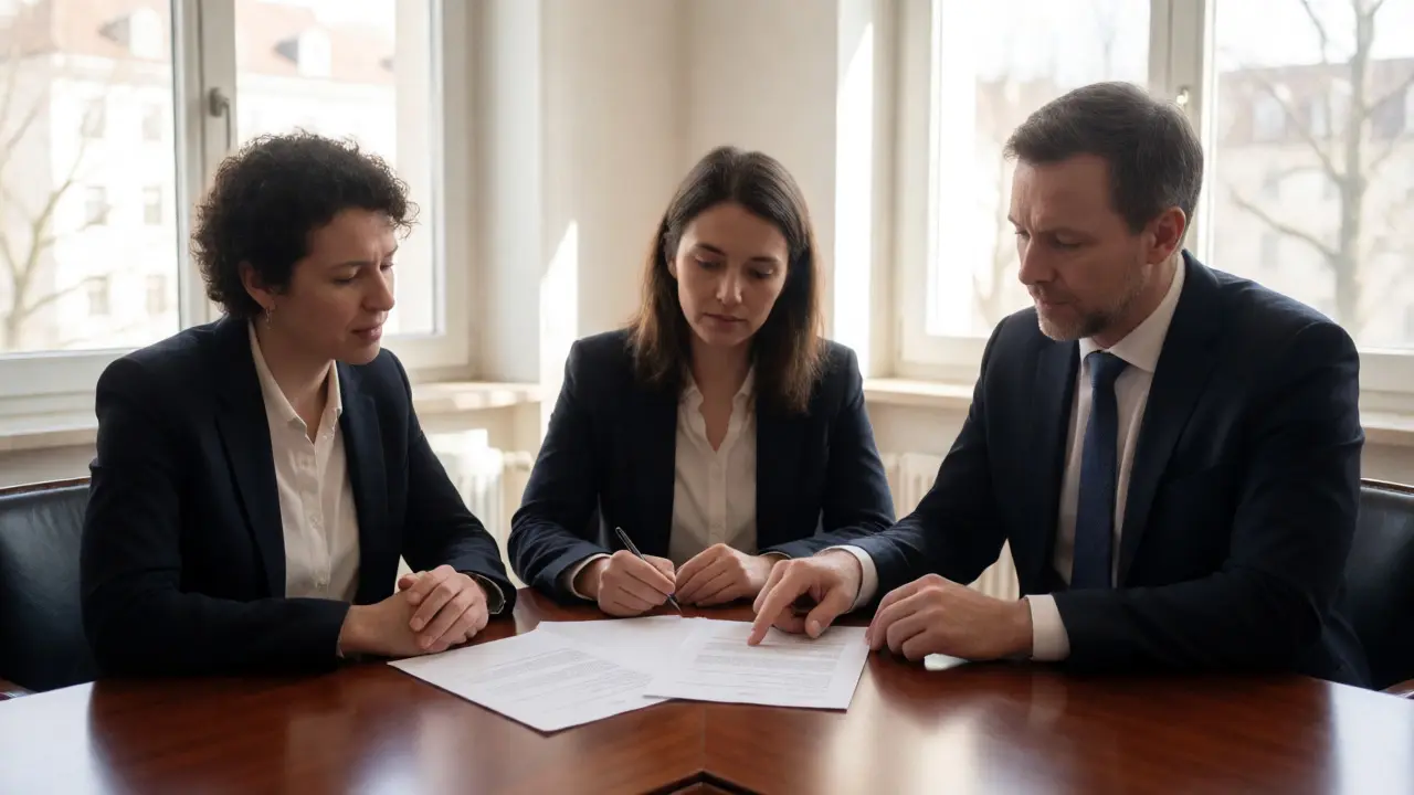 Eigentümer besprechen mit Anwalt eine Nutzungsvereinbarung im Büro.