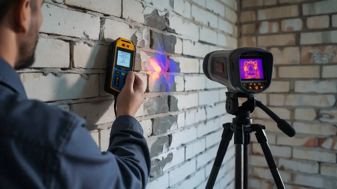 Experte führt Feuchtigkeitsmessung mit Thermografie durch