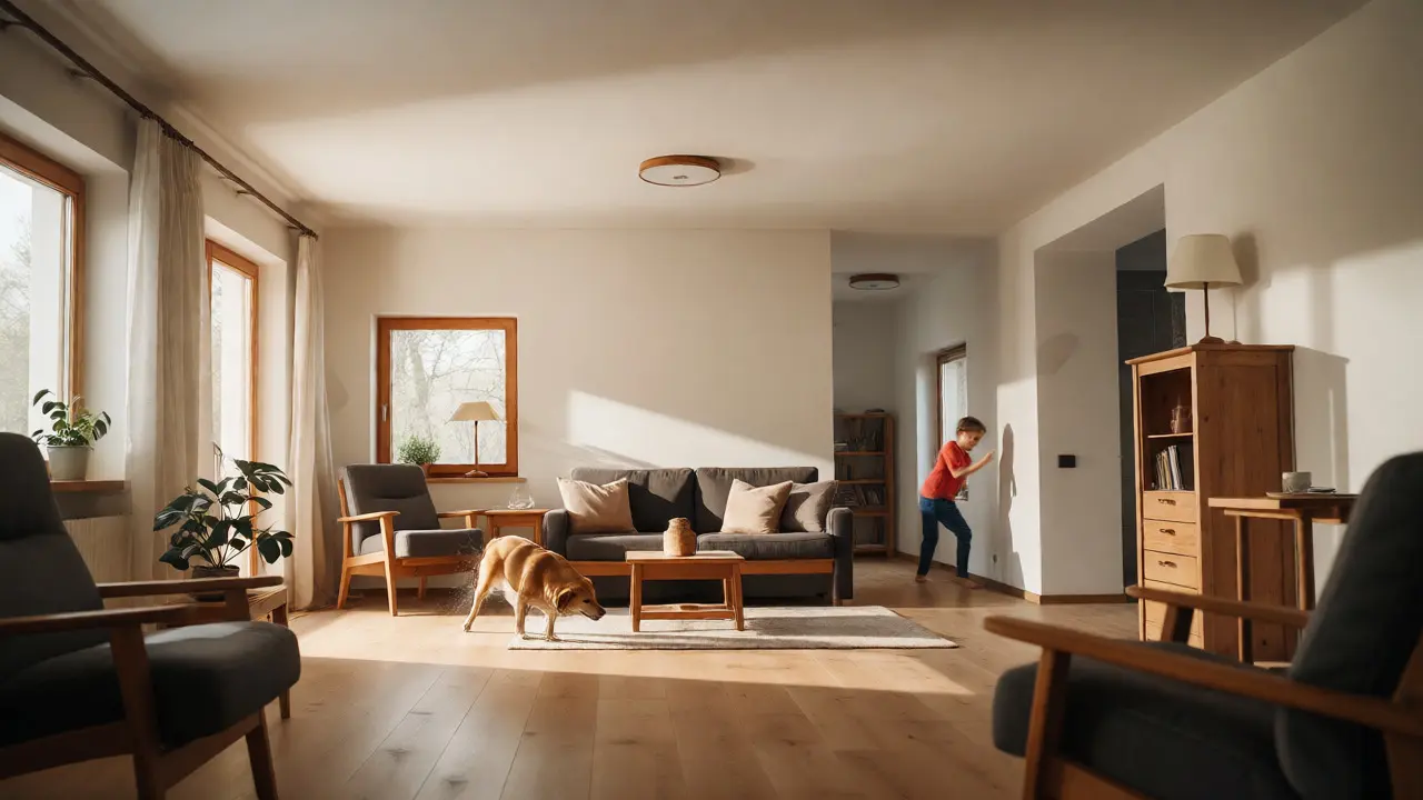 Familienzimmer mit robusten Wänden trotz Hund und spielenden Kindern.