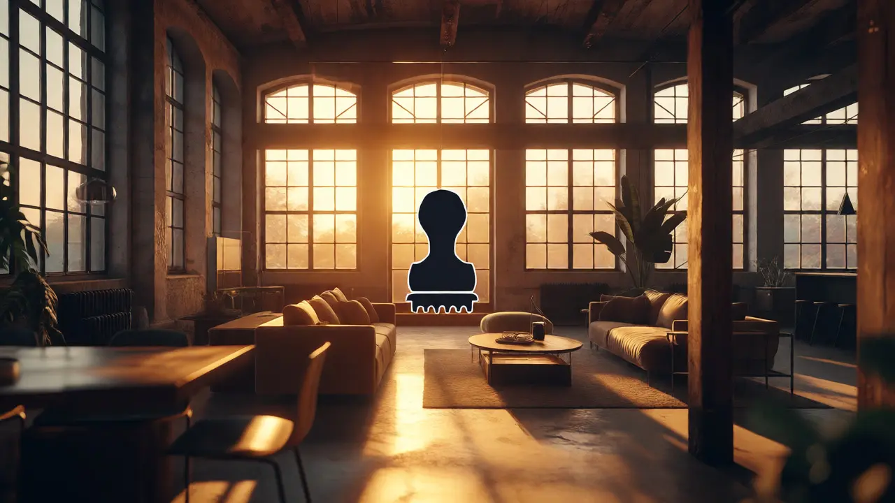 Fertiggestelltes Loft-Wohnzimmer in alter Industriehalle mit Sonnenlicht am Abend.