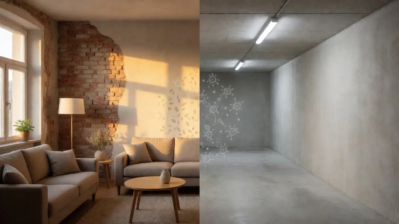 Gegenüberstellung von atmungsaktivem Altbau-Wohnzimmer und robuster Garage