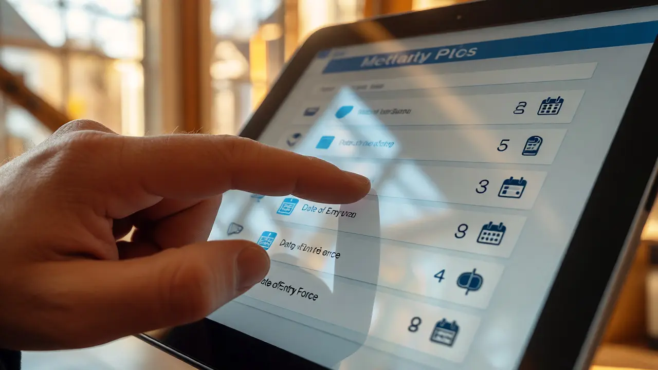Hand tippt auf Metadaten eines digitalen Plans auf einem Tablet