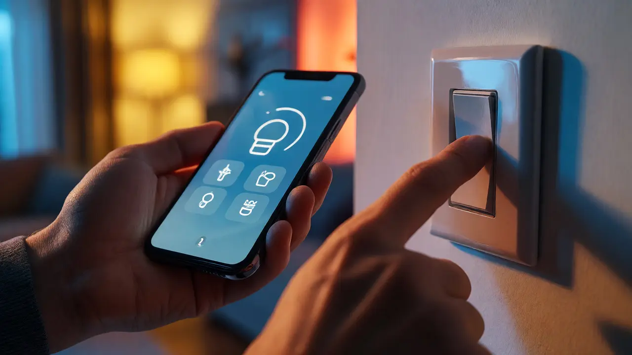 Hände testen die Synchronisation zwischen Smartphone-App und physischem Lichtschalter.