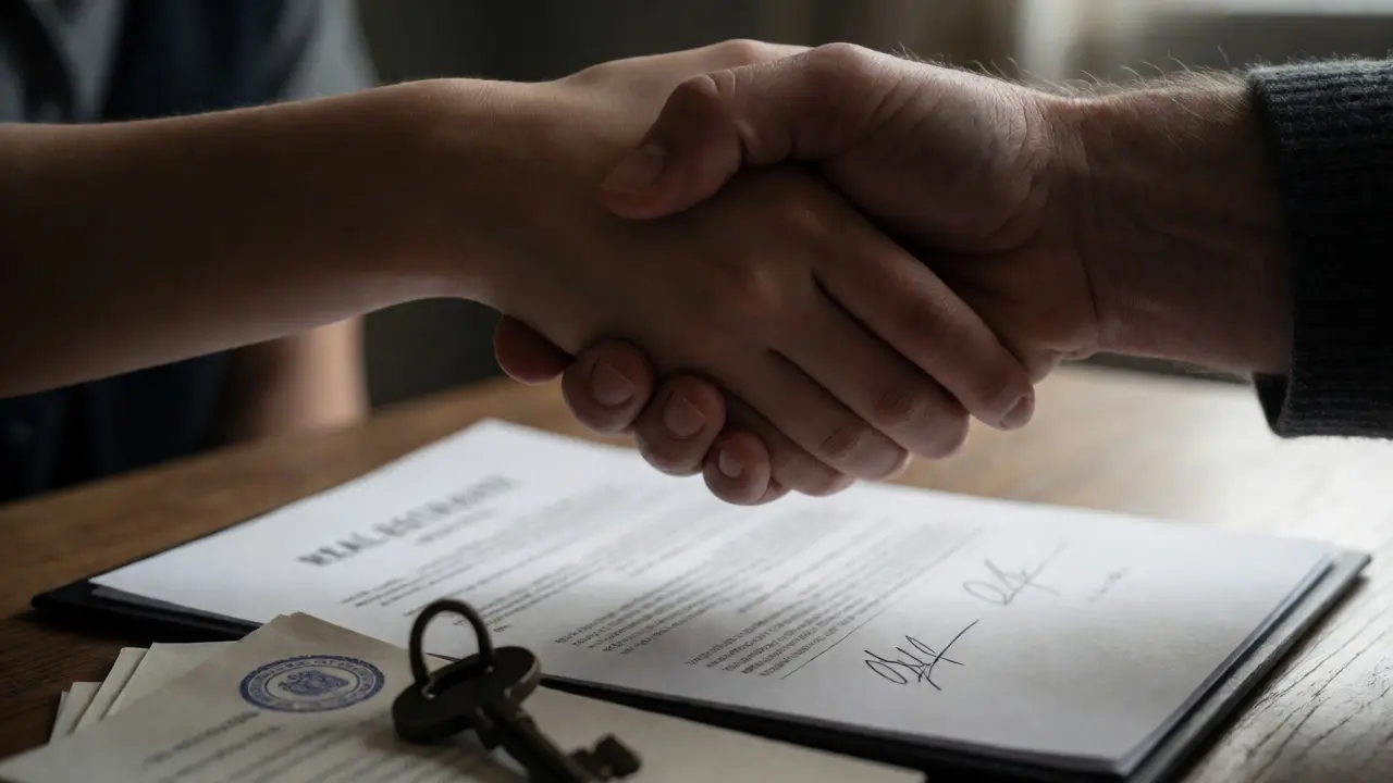 Händedruck über einem unterschriebenen Immobilienkaufvertrag mit Schlüsseln.