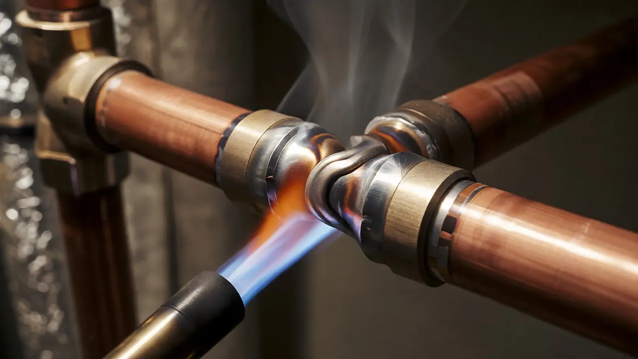 Handwerker lötet eine Kupferrohrverbindung mit offener Flamme im Keller.