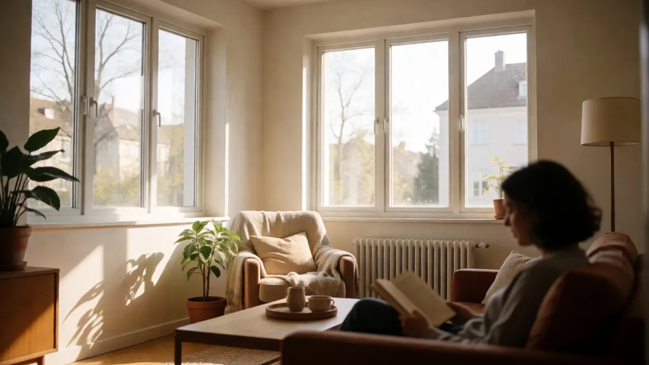 Heller, renovierter Wohnraum mit großen Fenstern und moderner Heizung nach energetischer Sanierung.