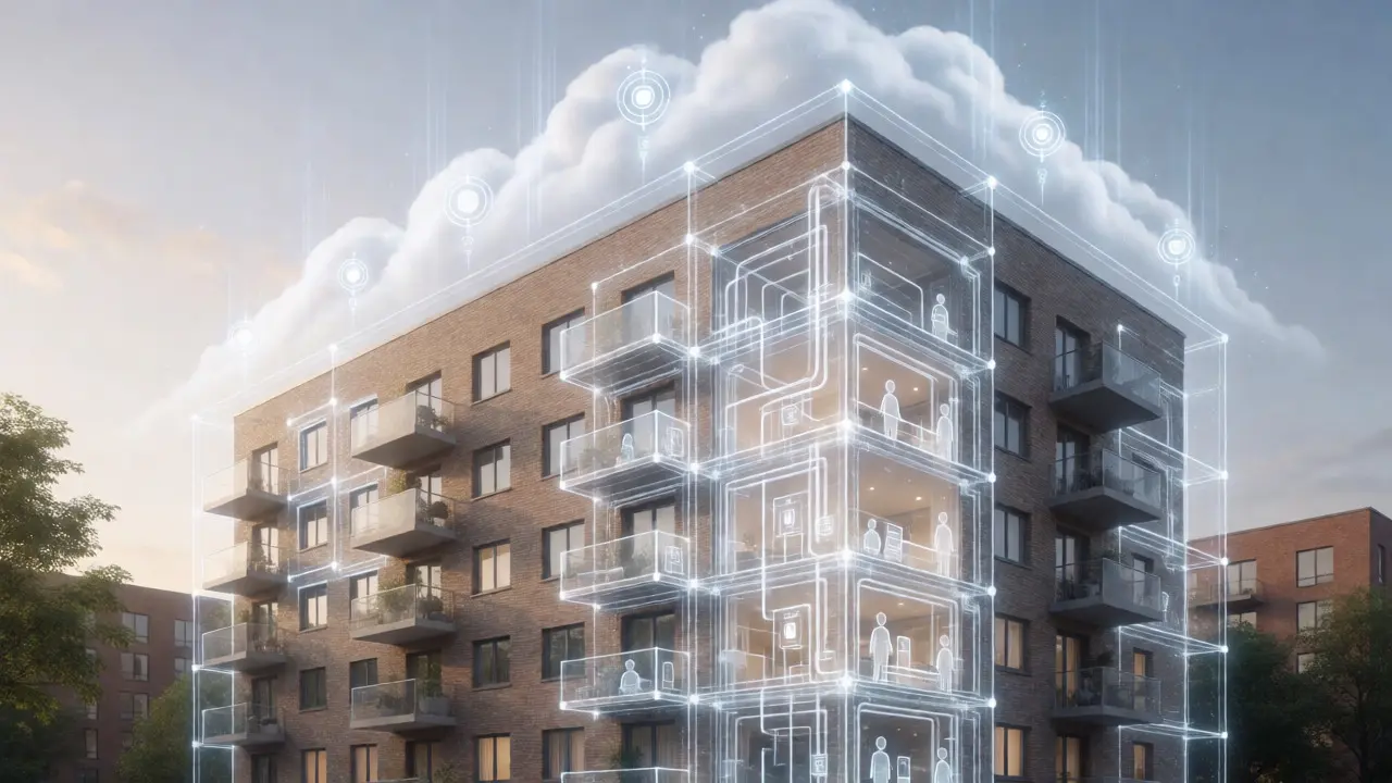 Holographischer digitaler Zwilling eines Gebäudes mit IoT-Sensoren und Cloud-Anbindung.