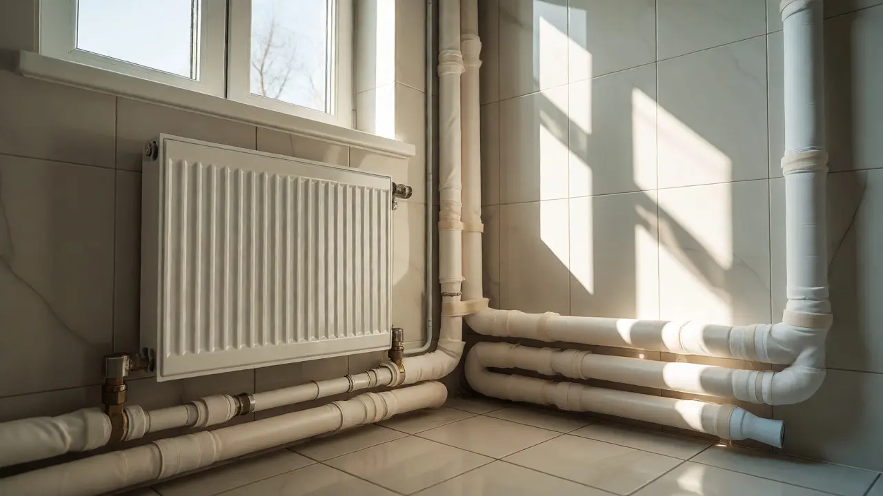 Modernes Badezimmer mit ordentlich verlegten und isolierten Heizungsrohren am Heizkörper.