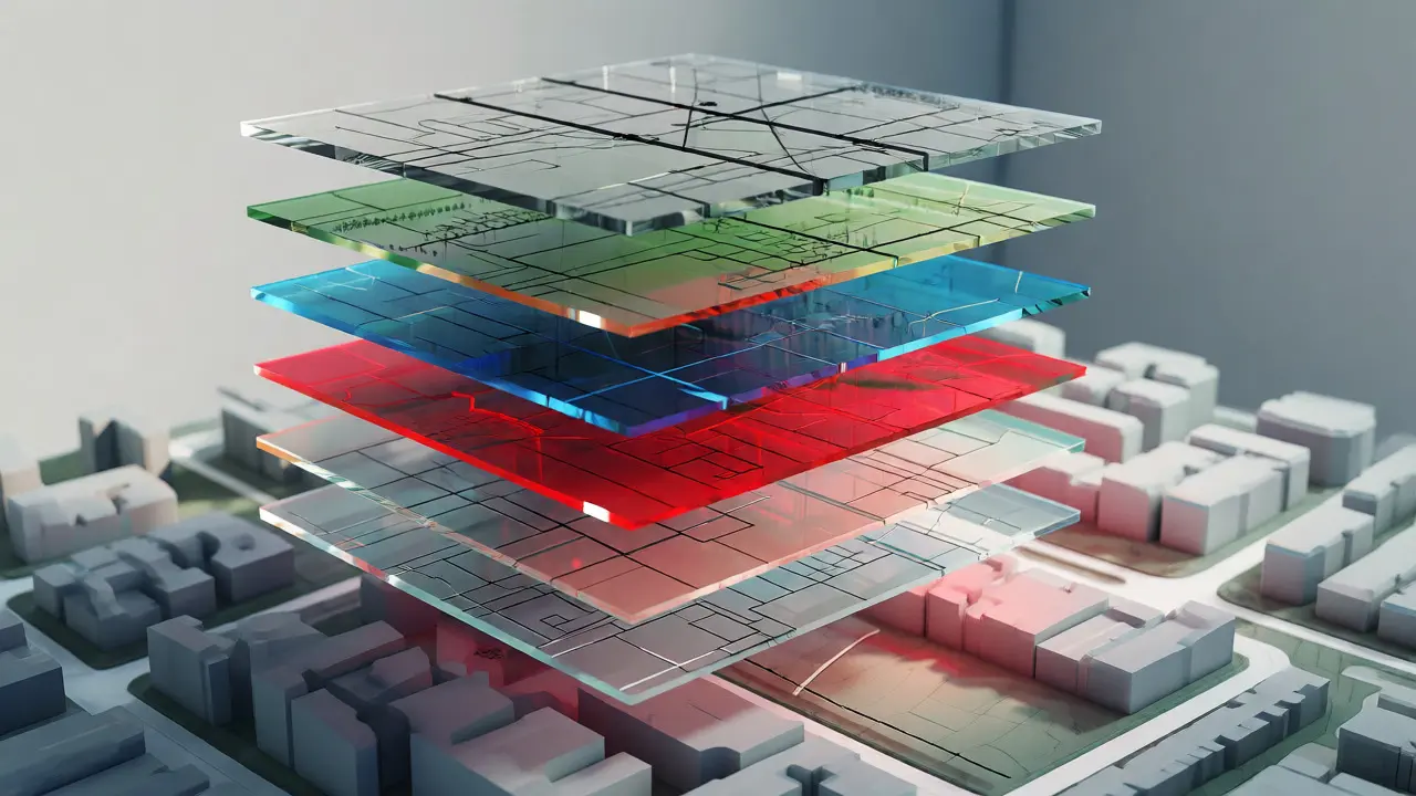 Transparente Ebenen einer digitalen Karte schwebend über einem Stadtmodell