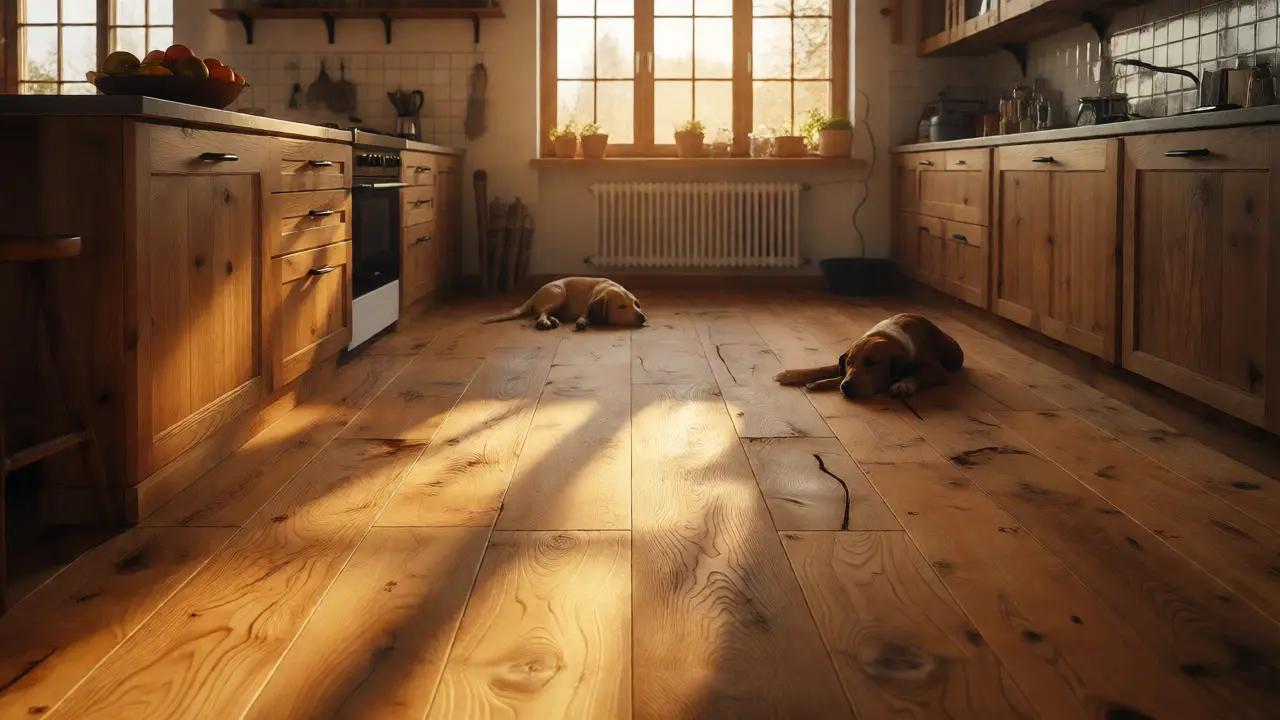 Warme Eichendielen in einer gemütlichen, sonnenbeschienenen Küche