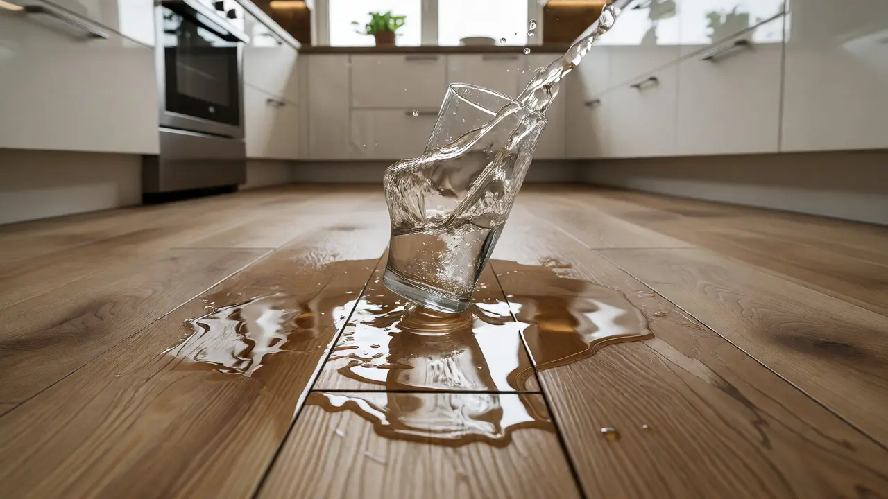 Wasserlache auf wasserfestem Vinylboden in einer modernen Küche