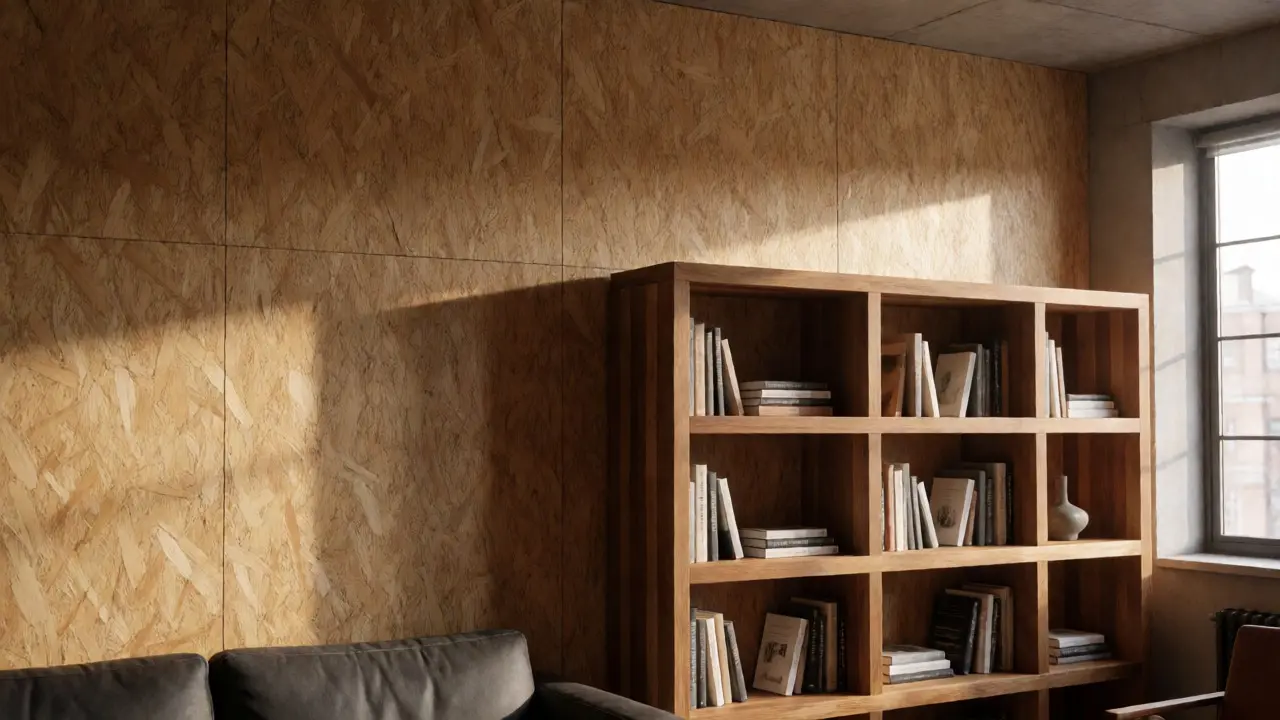 Wohnzimmer mit OSB-Wandverkleidung und stabilen Regalen