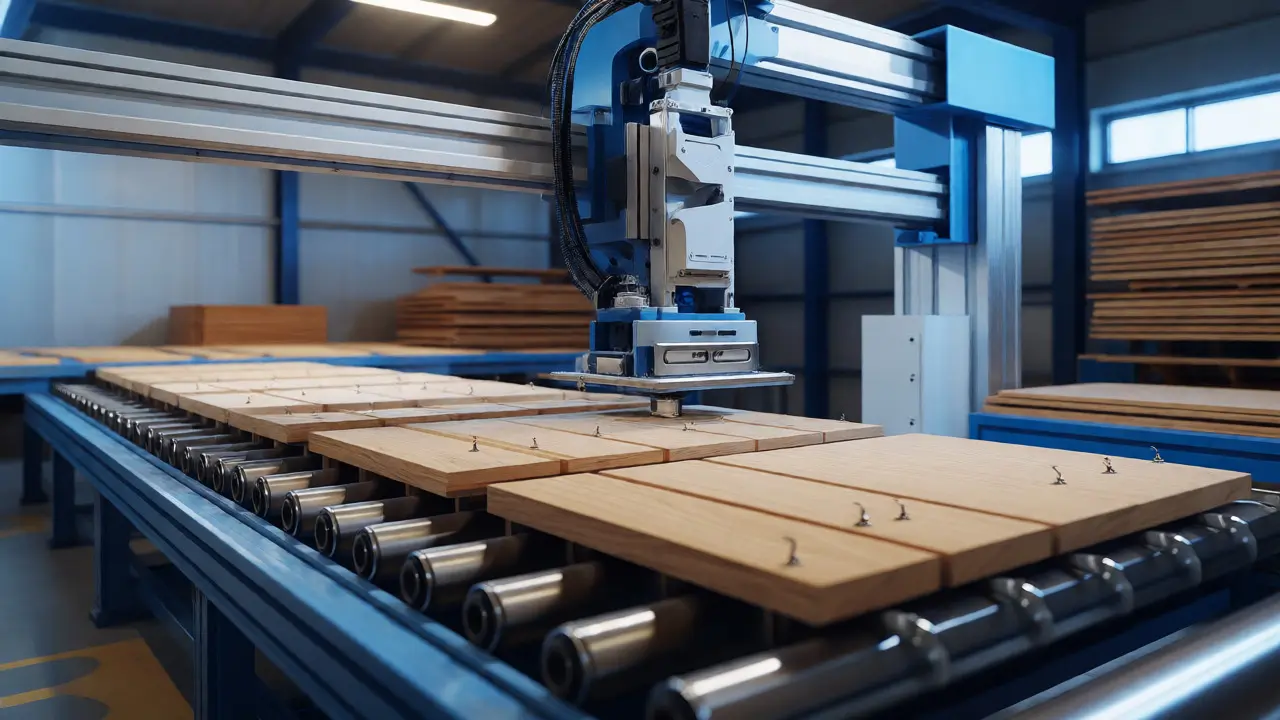 Automatisierte Maschine heftet Klammern präzise auf Holzelemente in der Werkstatt.