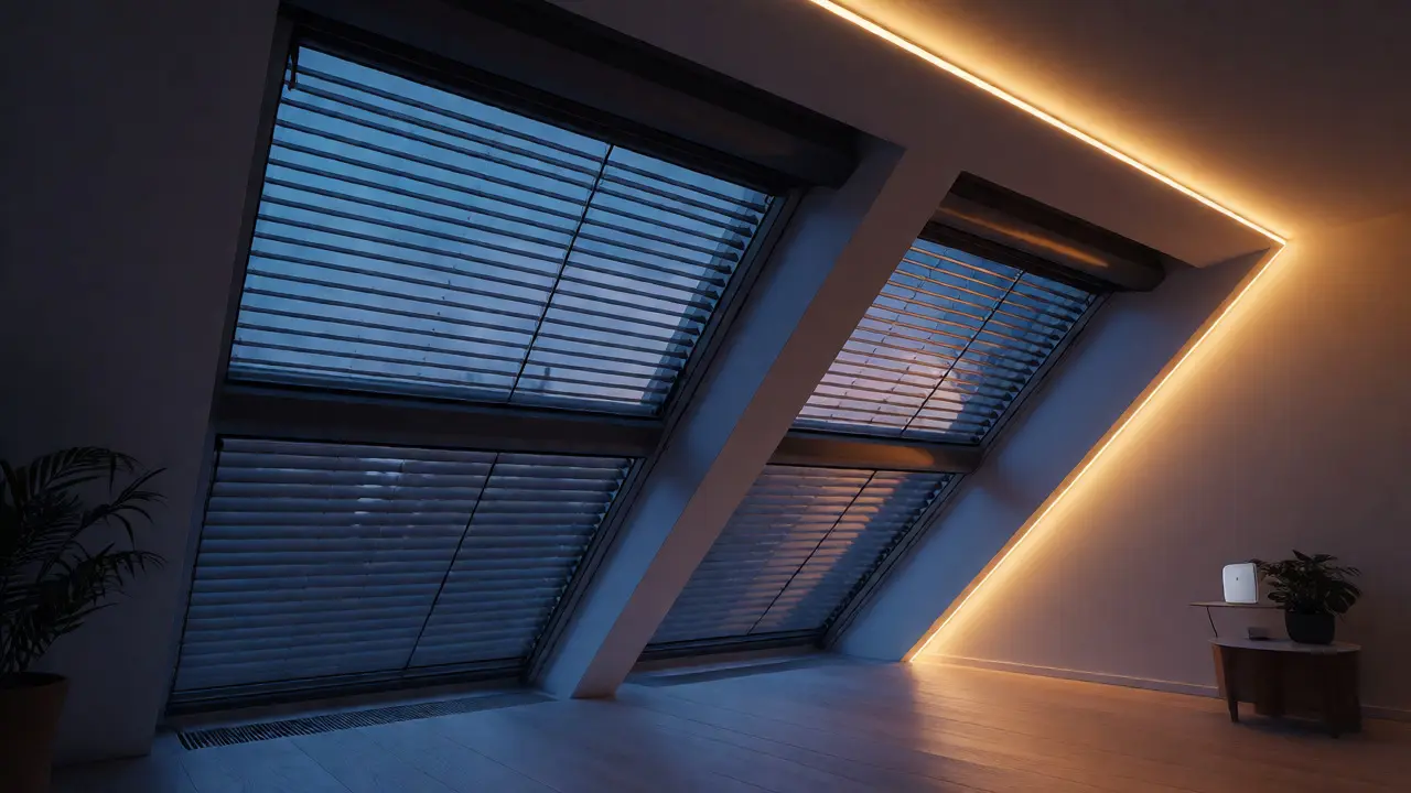 Automatisierte Rollläden und gedimmtes Licht in einer modernen Dachgeschosswohnung