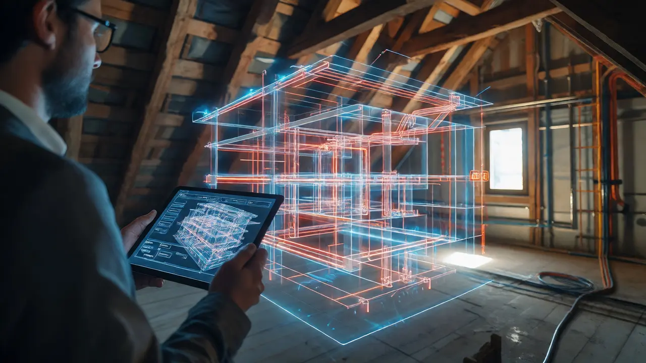 Digitale BIM-Planung überlagert eine reale Renovierungsszene, um Konflikte zwischen Gewerken zu lösen.