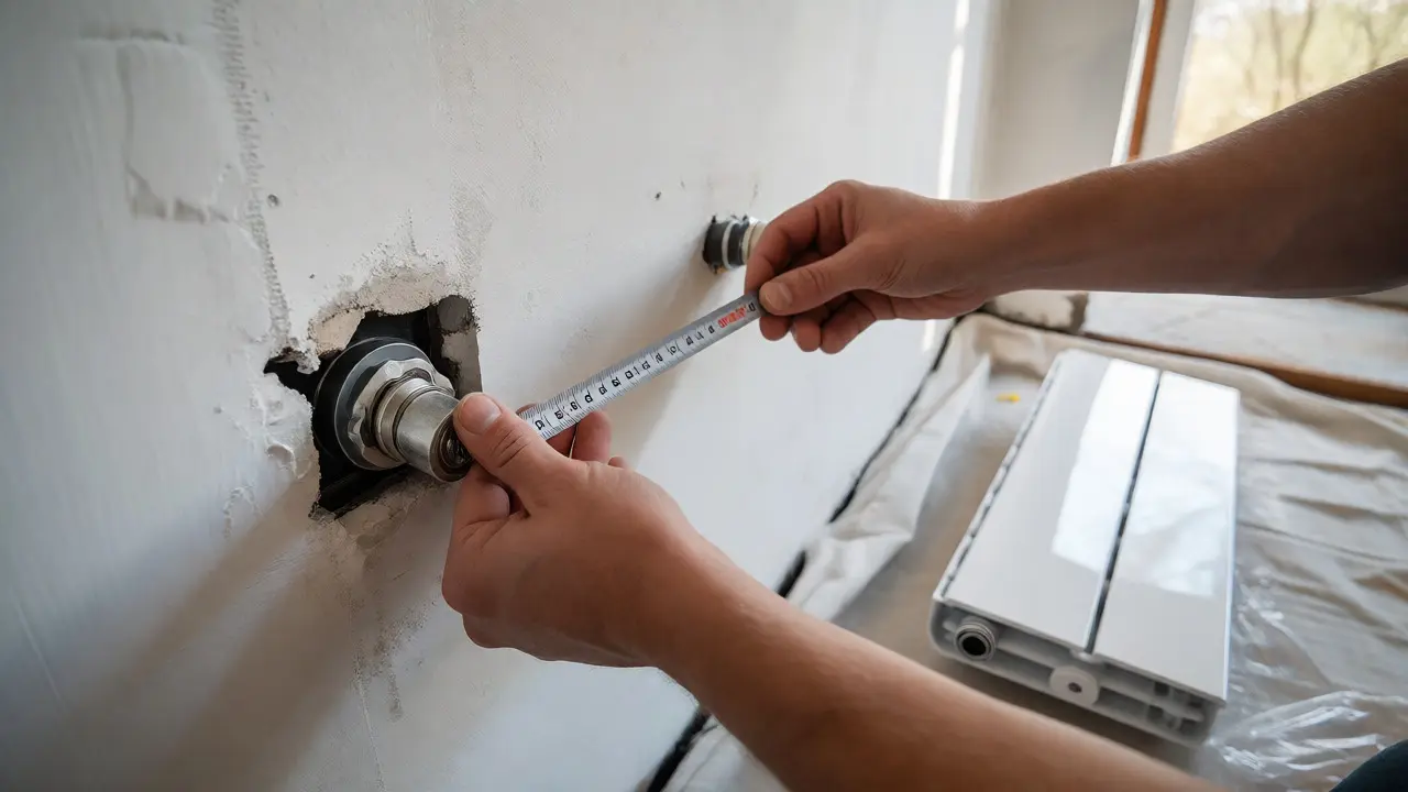 Handwerker misst Nabenabstand für neuen Heizkörper