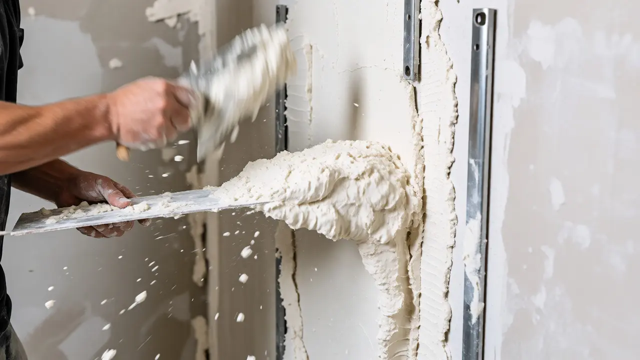 Handwerker wirft Gipsputz mit der Kelle an die profilierte Wand