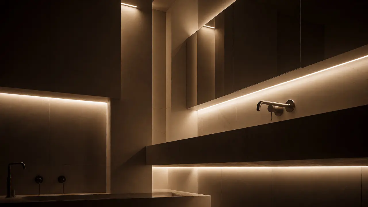 Indirekte LED-Akzentbeleuchtung schafft eine warme, entspannende Atmosphäre im Bad
