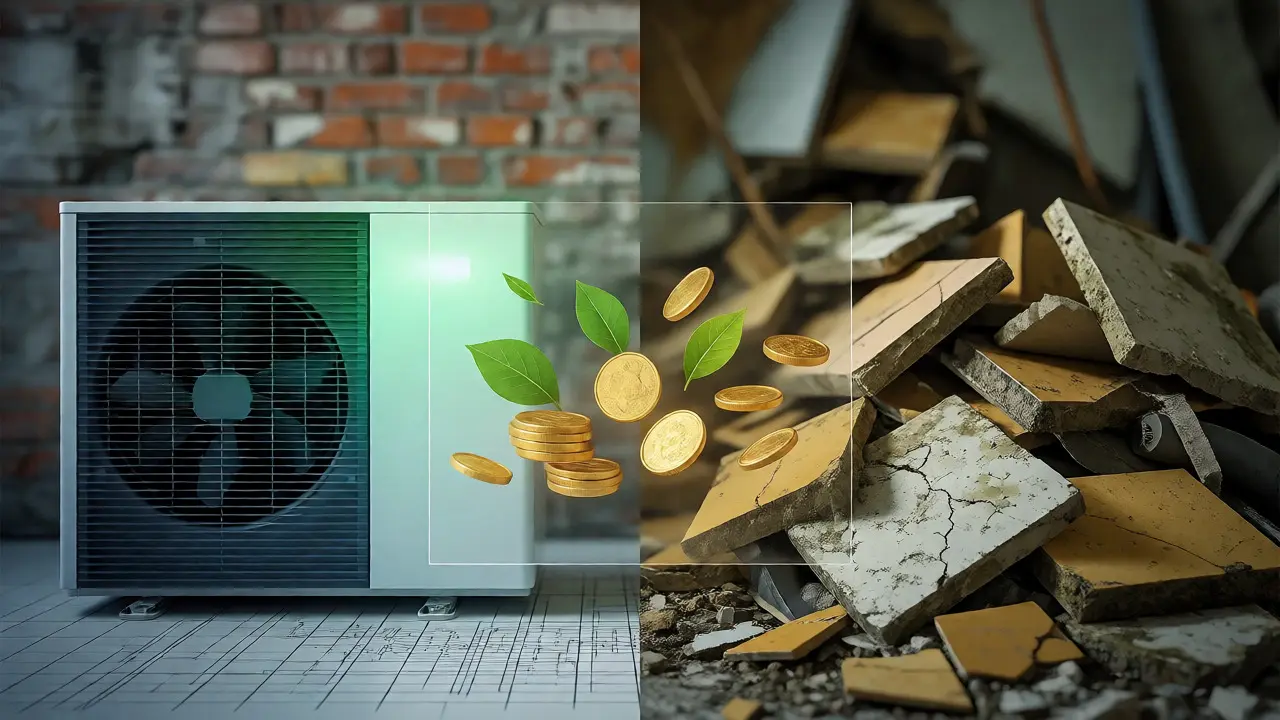 Konzeptbild: Moderne Heizung neben alten Baumaterialien wie Asbest und Schimmelrisiken.