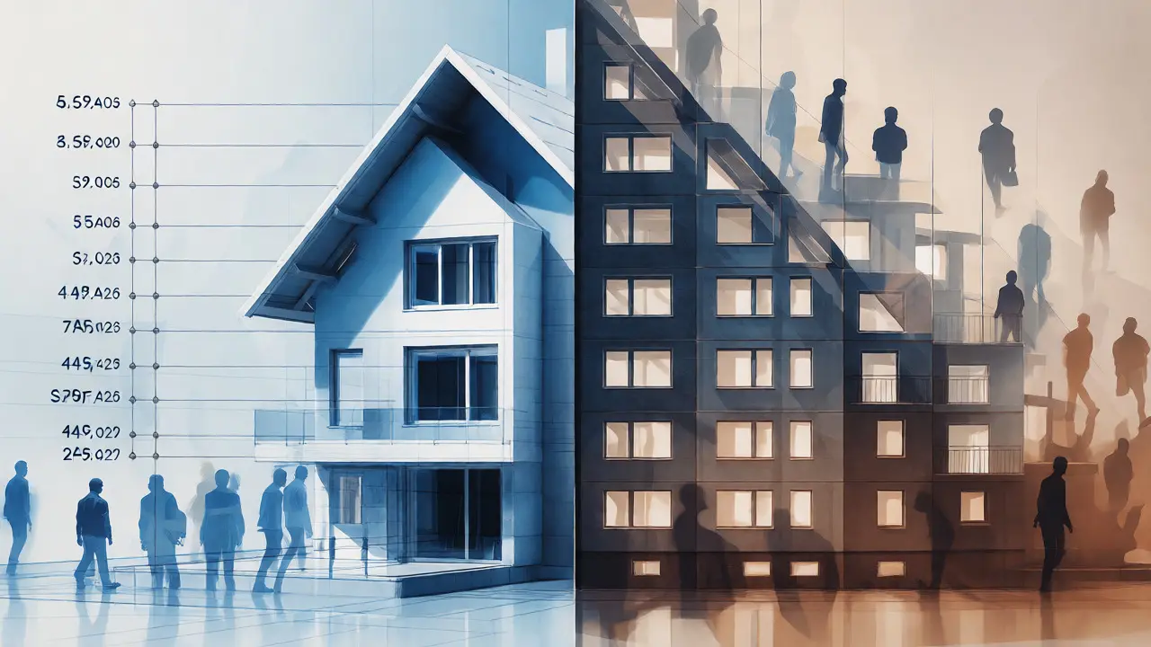 Konzeptuelle Darstellung von Immobilienbewertung im Konflikt mit demografischem Wandel und Leerstand
