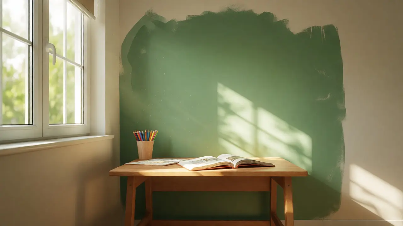 Lernbereich mit Schreibtisch vor einer beruhigenden grünen Akzentwand