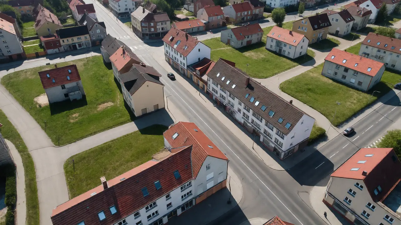 Luftaufnahme einer ostdeutschen Kleinstadt mit gemischter Bebauung und sichtbaren Lücken durch Abriss