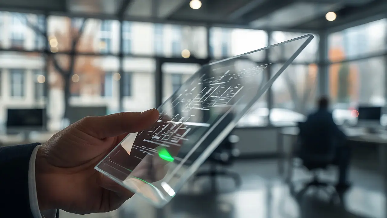 Nahaufnahme einer Hand mit digitalen ESG-Daten vor einem unscharfen Bürofenster