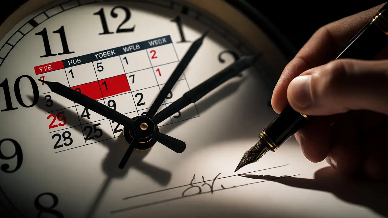 Nahaufnahme einer Uhr und eines Kalenders, die die Sechs-Wochen-Frist symbolisieren