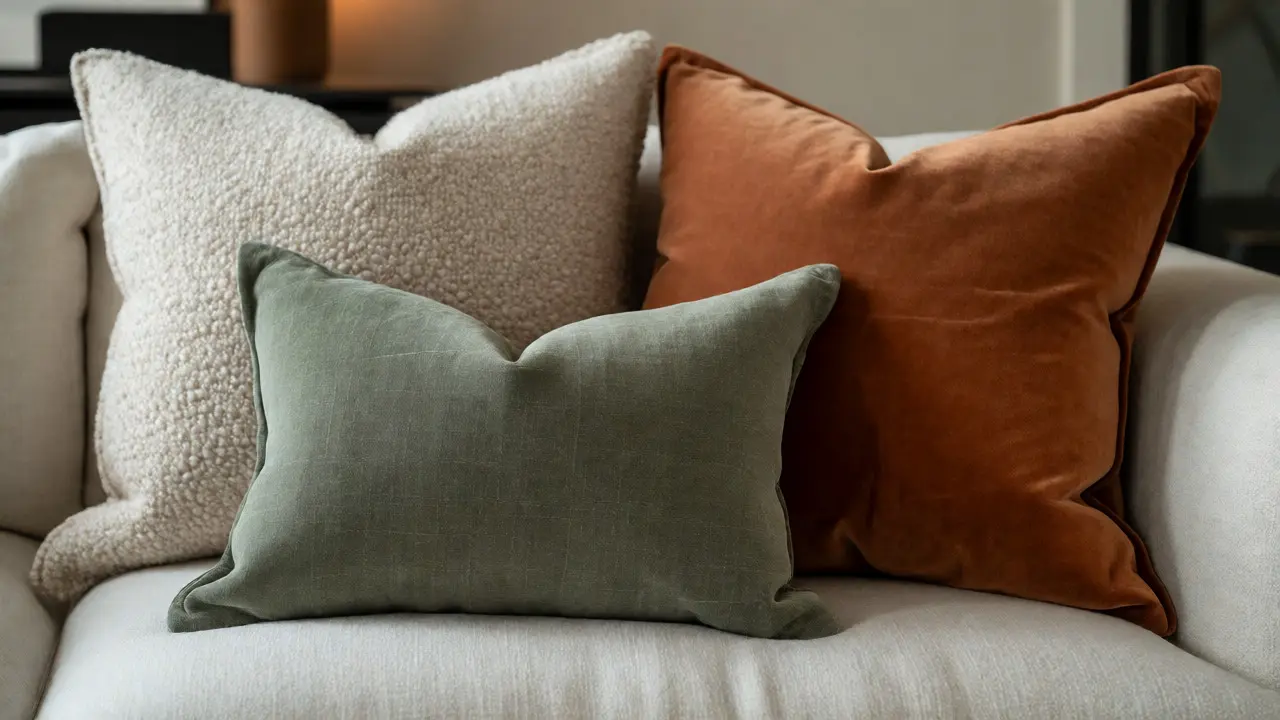 Nahaufnahme eines Sofas mit geschichteten Kissen aus Bouclé, Samt und Leinen in Erdtönen.