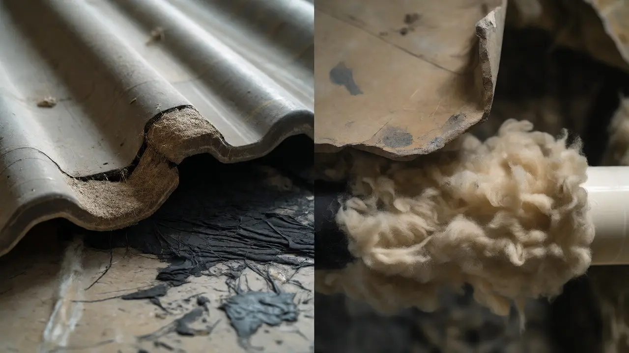 Nahaufnahme von asbesthaltigen Materialien wie Dachplatten und Bodenkleber.