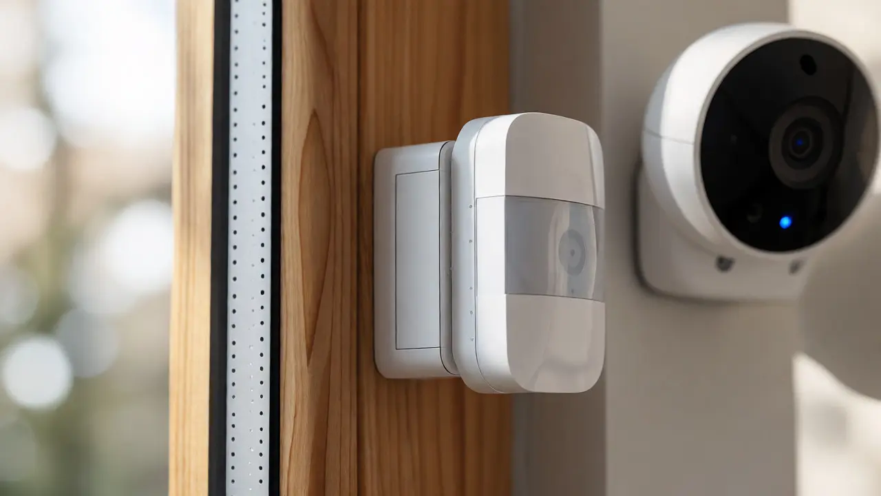Nahaufnahme von Smart-Home-Sensoren und Kamera im Innenbereich