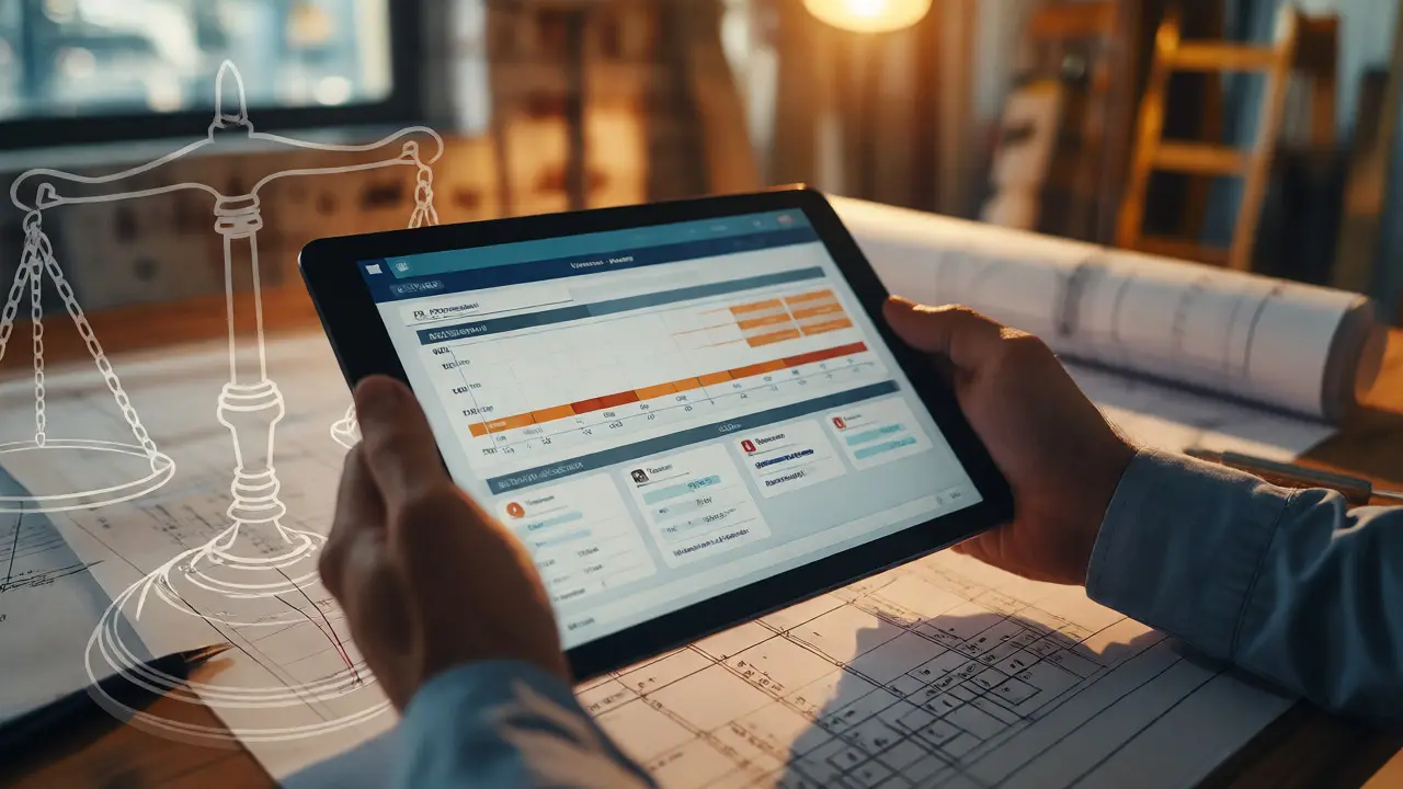 Projektmanager prüft Fristen auf Tablet mit rechtlichem Fokus