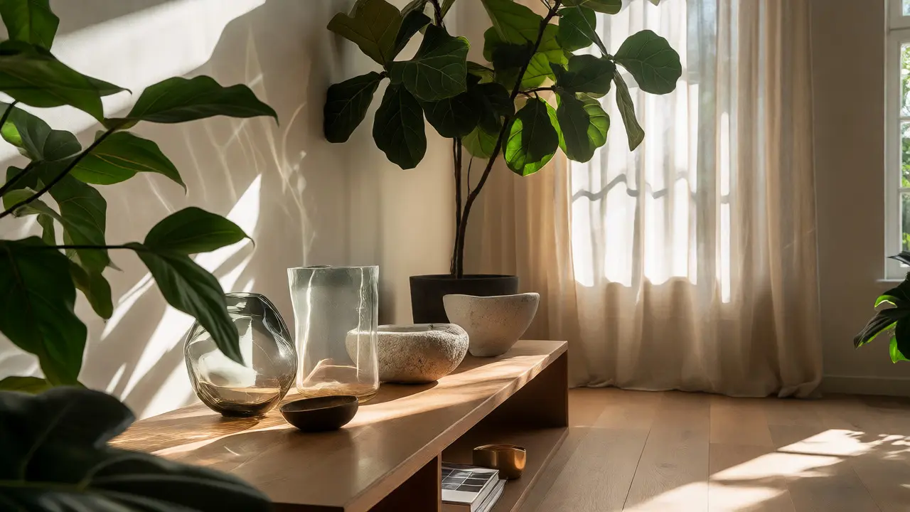 Regal-Ecke mit Pflanzen, Glas- und Steinvasen, beleuchtet durch natürliches Sonnenlicht.