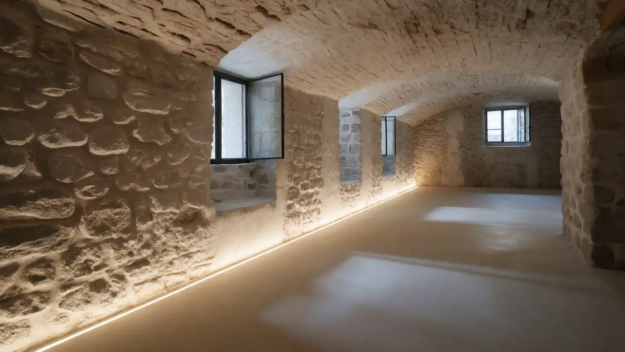 Renovierter historischer Keller mit trockenen Steinwänden