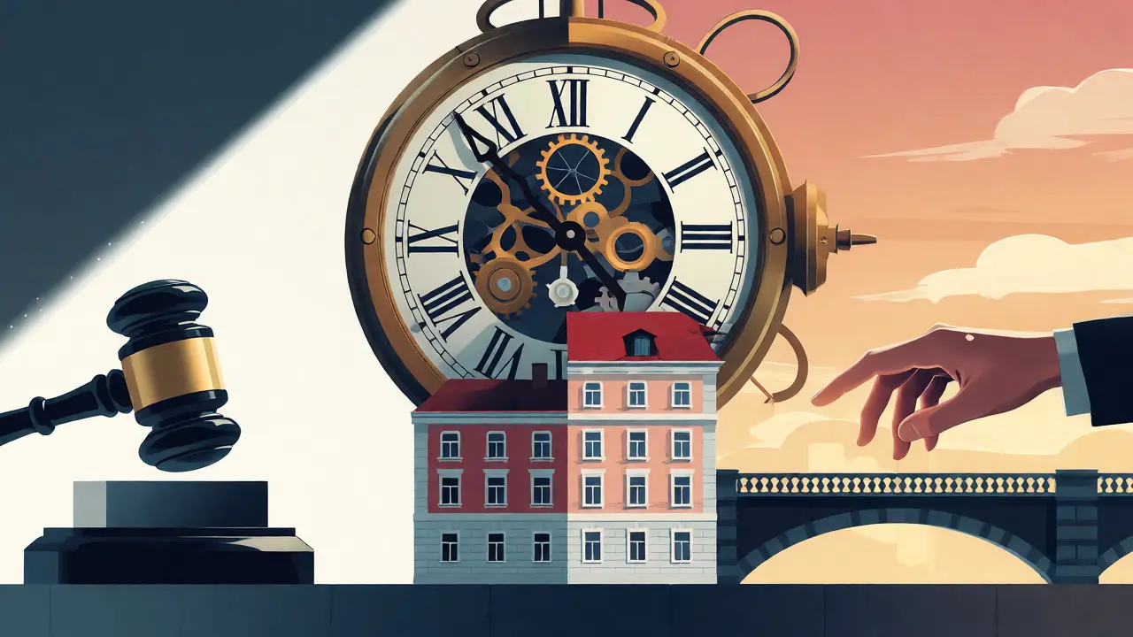 Symbolbild einer Uhr über einem Wohnhaus mit Waage zwischen Gericht und Mediation.